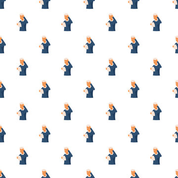 Elderly woman forgetting reading a document with confusion as a seamless pattern