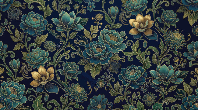 Seamless floral pattern with intricate teal and gold flowers on a dark blue background