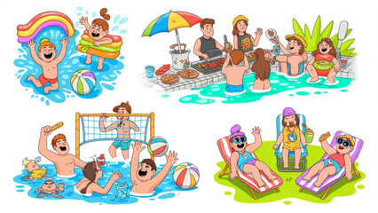 Naklejka premium Fun pool Summer Pool Party Line Art Vector Set – Vacation Fun and Poolside Elements