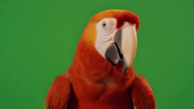 Vibrant Red Scarlet Macaw Parrot Opening Beak Close Up On Green Screen Background