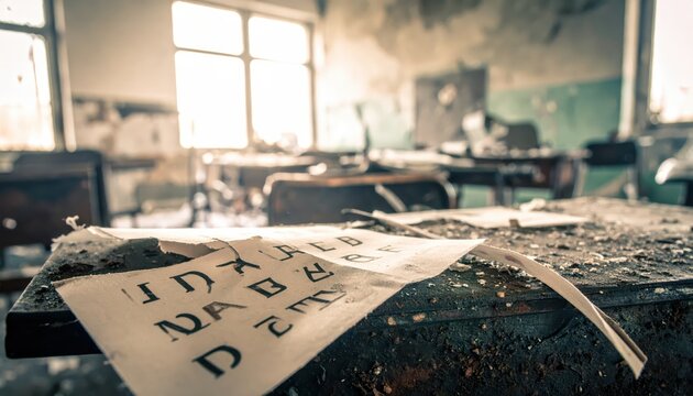 Torn pages of a child's alphabet chart scattered on a dusty, abandoned classroom desk.