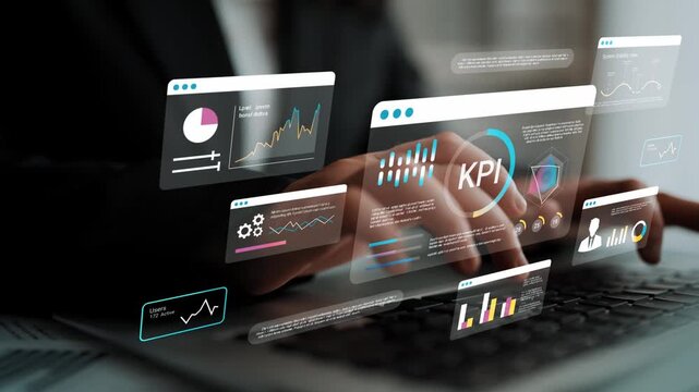 Business professional analyzing data with key performance indicators and charts, focusing on analytics and statistics in a digital workspace environment Gluon.