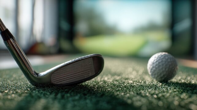 Golf club and ball poised on artificial turf with blurred indoor driving range background capturing a focused moment before the swing in a sports training facility