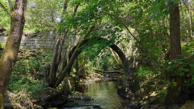 Santo Estevo do Ermo Waterfalls In Tropical Forest In Barreiros, Galicia, Spain. Sideways Shot