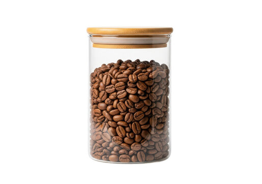 Glass jar filled with roasted coffee beans, airtight lid, aromatic beverage ingredient, breakfast staple, gourmet quality, kitchen storage.