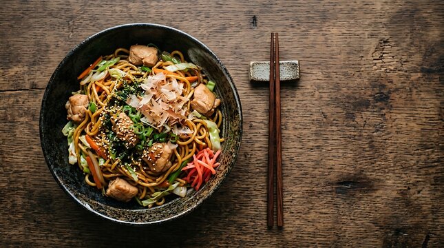 flat lay chicken yakisoba japanese noodles with empty space  
