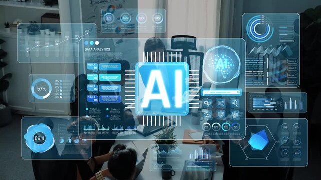 Modern Workspace with Data Analytics and Artificial Intelligence Visuals in a Collaborative Meeting Environment Sigmoid