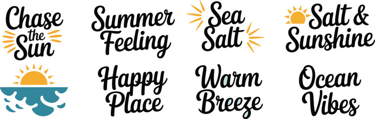 Chase the sun summer feeling sea salt salt and sunshine happy place warm breeze ocean vibes typography bundle with sunset graphics and sea wave illustrations for posters. © Sanjida Studio
