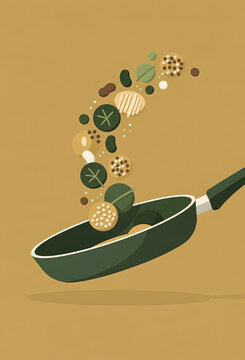 Minimalist Frying Pan With Floating Ingredients Illustration