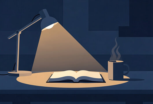 Open Book Under Desk Lamp With Steaming Coffee Mug Illustration