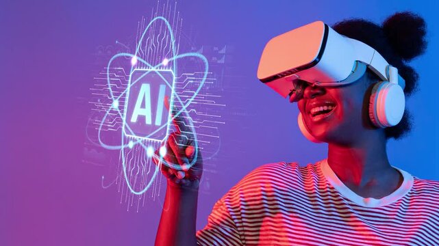 Young woman excitedly engages with virtual reality technology while wearing VR headset and headphones, showcasing artificial intelligence concepts in vibrant blue background Sigmoid