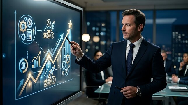 businessman pressing smiley face emoticon virtual screen  
