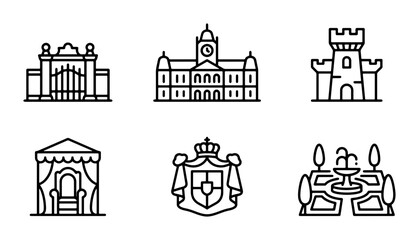 Royal Palace and Castle Icons, Crest and Garden Fountain, Vector Symbols © Mitu