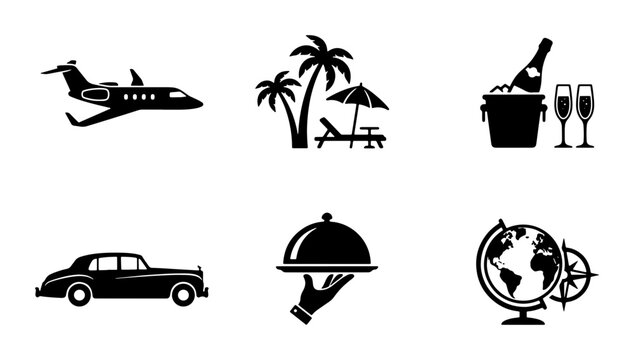 Luxury Travel Icons Set: Private Jet, Beach Resort, Champagne, Vintage Car, Fine Dining, Globe