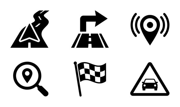 Navigation Icons Set, GPS Map Pointers, Road Signs, Search Pin, Checkered Flag, Vector Graphics