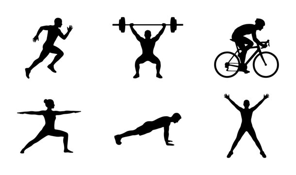 Fitness Icons Set: Running, Weightlifting, Cycling, Yoga, Push-up, Jumping Jacks Vector Graphics
