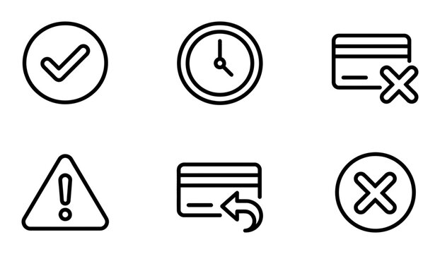 UI icons set, 6 symbols, line style, web interface elements, black and white