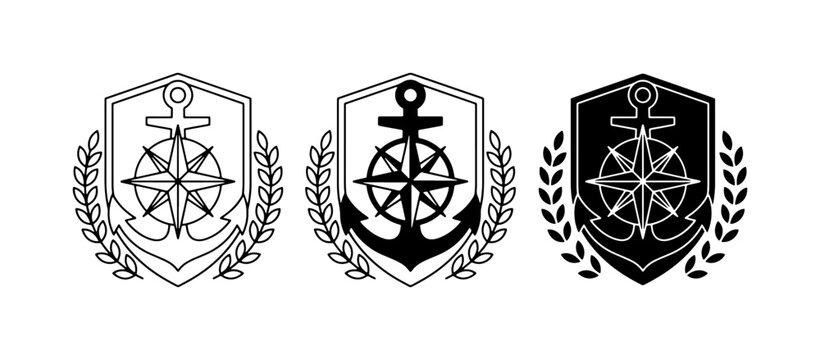 Nautical Emblem Set: Anchor, Compass Rose, Laurel Wreath Icons. Marine Navigation Symbols.