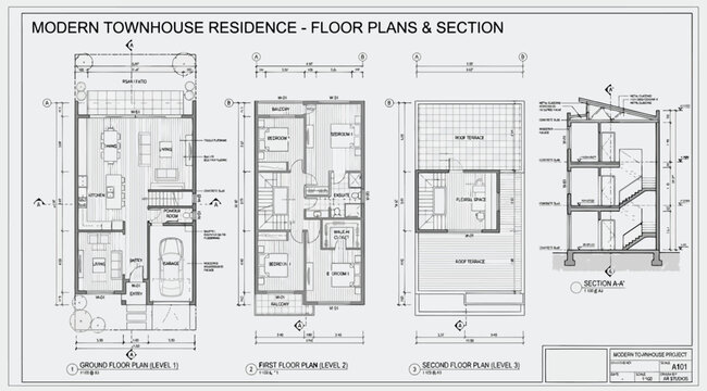 Modern townhouse residence floor plans and building section