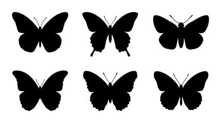 Six Black Butterfly Silhouettes, Insect Vector Icons, Nature Graphic Elements, Elegant Winged Creatures © Hasanur