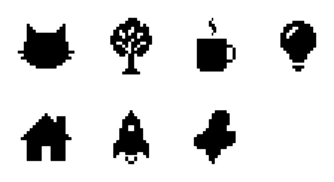 Pixel Art Icons: Cat, Tree, Coffee, Lightbulb, House, Rocket, Map Pin, Star Set