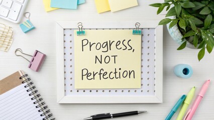 Obraz premium Motivational Desk Setup with Sticky Note Highlighting Progress Over Perfection on a Bright Workspace with Stationery Items