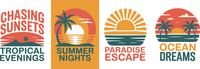 Collection of summer graphic designs with retro aesthetic and creative typography for beach parties, sunsets, and tropical vacation themes. © Sanjida