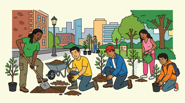 Volunteers planting young tree saplings in a city park to increase urban greenery and combat the effects of climate change through reforestation.