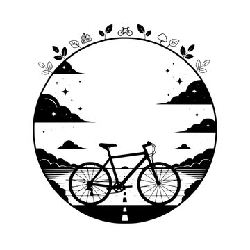 Vector illustration of a bicycle on a road at sunset with leaves and stars, vector illustration