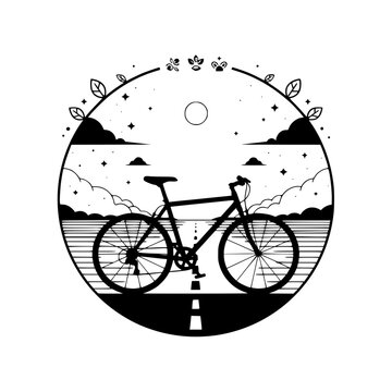 Vector illustration of bicycle on road at sunset with clouds and stars, vector illustration