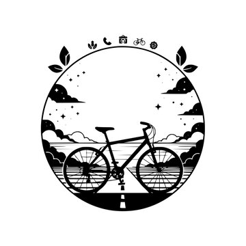 Vector illustration of bicycle on road with clouds and stars, eco friendly transportation