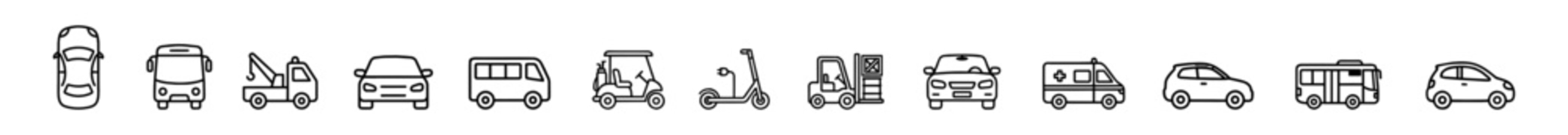 Set of various vehicle icons including cars, bus, tow truck, scooter, forklift, ambulance and more in simple line art style on transparent background