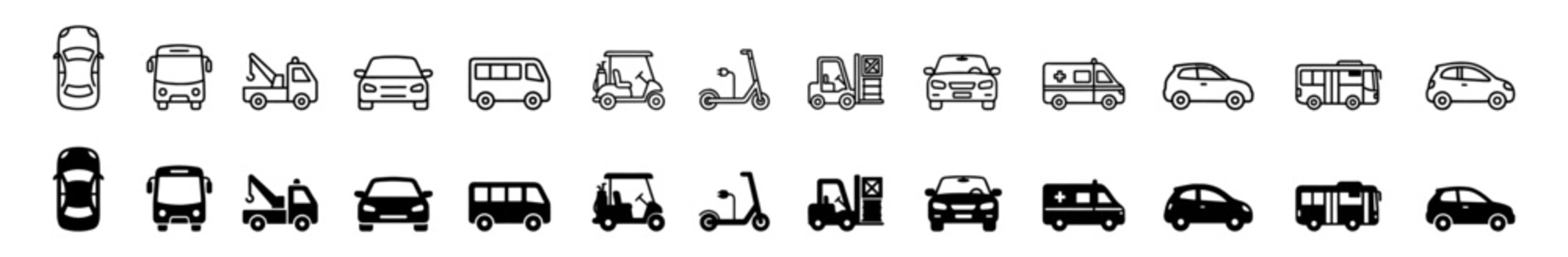 Set of black and white vehicle icons including car, bus, tow truck, golf cart, scooter, forklift, ambulance, and carriage in outline and solid styles on transparent background