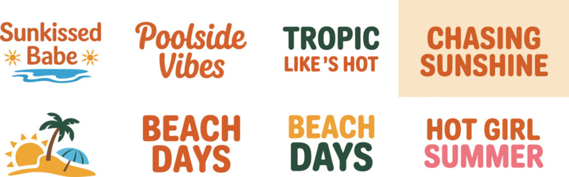 Collection of summer themed graphic elements with playful typography and retro graphics for beach days and hot girl summer vibes.