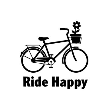 Vector illustration of bicycle with flower in basket, ride happy