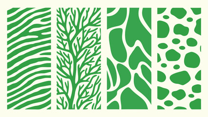 Four Vertical Panels Featuring Animal inspired Patterns In Green A Vector Illustration print skin botanical branch camouflage closeup © Chapala