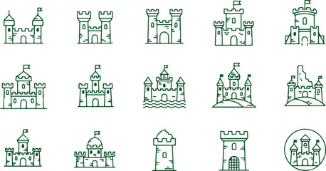 Collection of green outline castle icons on checkered background architectural building symbols. © Sadhin