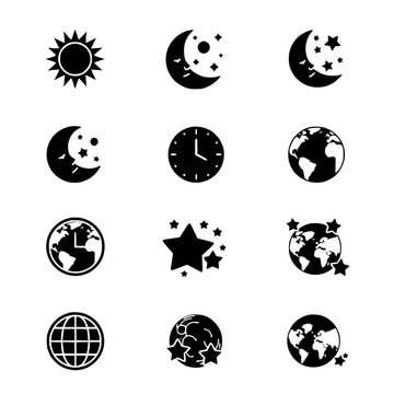 Vector illustration of celestial and time icons, sun, moon, stars, clock, globe