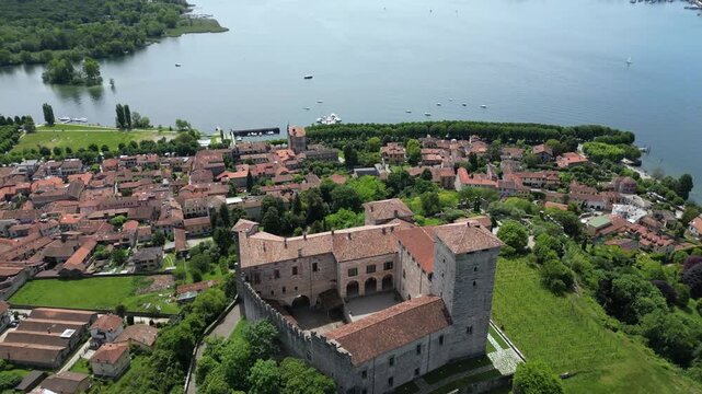 Europe, Italy, Angera province of Varese , The Borromean Fortress  Castle of Angera on Lake Maggiore. The fortress's historic rooms  is Doll and Toy Museum - tourist attraction destination sightseeing