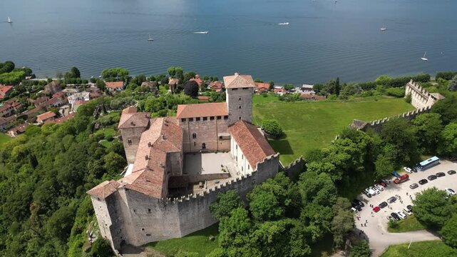 Europe, Italy, Angera province of Varese , The Borromean Fortress  Castle of Angera on Lake Maggiore. The fortress's historic rooms  is Doll and Toy Museum - tourist attraction destination sightseeing