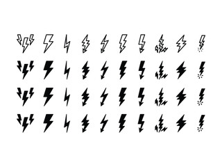 Fototapeta premium Collection of diverse lightning bolt icons in various styles and fill types representing energy and power isolated on transparent background
