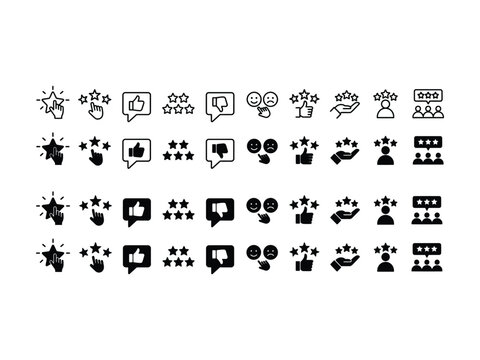 Collection of various star rating icons including thumbs up and down sad and happy emoticons and audience review symbols for user feedback and evaluation