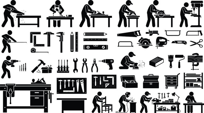 Black silhouette woodworking tools and workshop equipment with carpenters using saws, drills, planes, and workbenches for design
