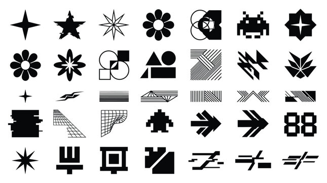 Geometric shapes and patterns black silhouettes on a white background