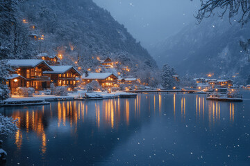 Obraz premium Tranquil Snow-Covered Lake Under a Starry Night Sky Glow