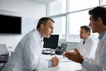 Obraz premium Doctors discussing patient case in modern hospital office 