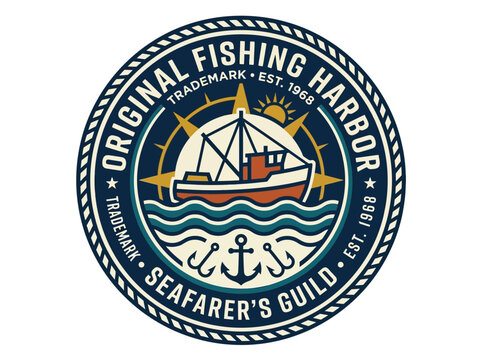 Vintage fishing harbor logo emblem seal.