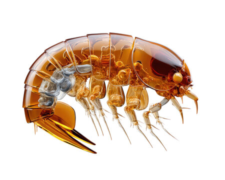 Translucent Amphipod: A microscopic, translucent amphipod crustacean, detailed with segmented body and multiple limbs, showcases intricate biological structure in a studio shot.