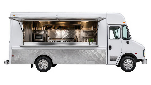 White food truck side view with open serving window as PNG cutout isolated on transparent background