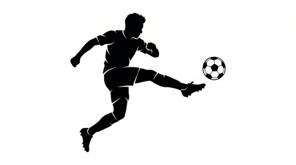 Fototapeta premium Black silhouette of soccer player kicking football ball isolated on white background dynamic movement action pose in graphic vector style for sport 